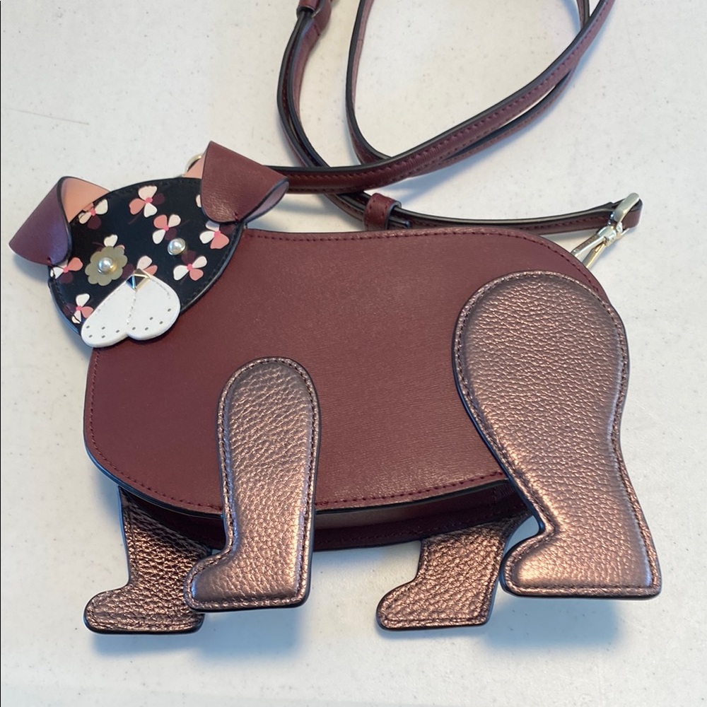 Kate Spade Floral Pug Bulldog shaped Burgundy and Metallic Crossbody Bag